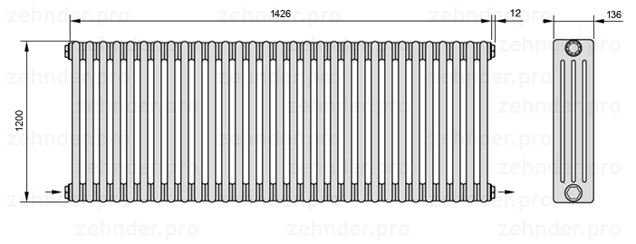 Схема (чертеж) Радиатор Zehnder Charleston 4120/31 №2670 Белый глянцевый RAL 9016